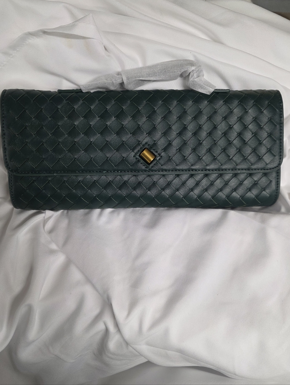 Woven Leather Clutch in Dark Green with Gold Accent